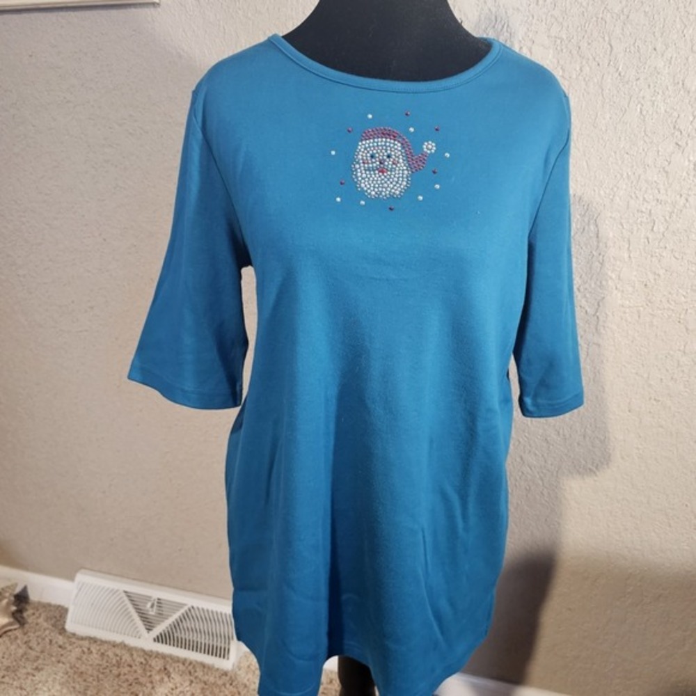Quacker Factory Rhinestone Santa Claus T Shirt Teal Blue Womens Size S Holiday